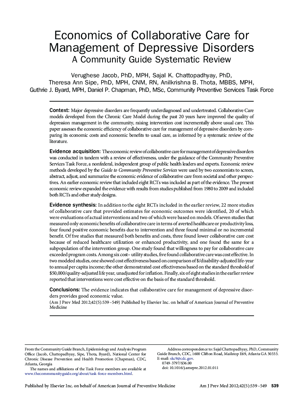 Economics of Collaborative Care for Management of Depressive Disorders : A Community Guide Systematic Review