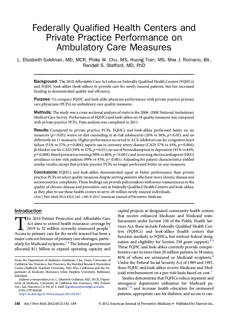 Federally Qualified Health Centers and Private Practice Performance on Ambulatory Care Measures