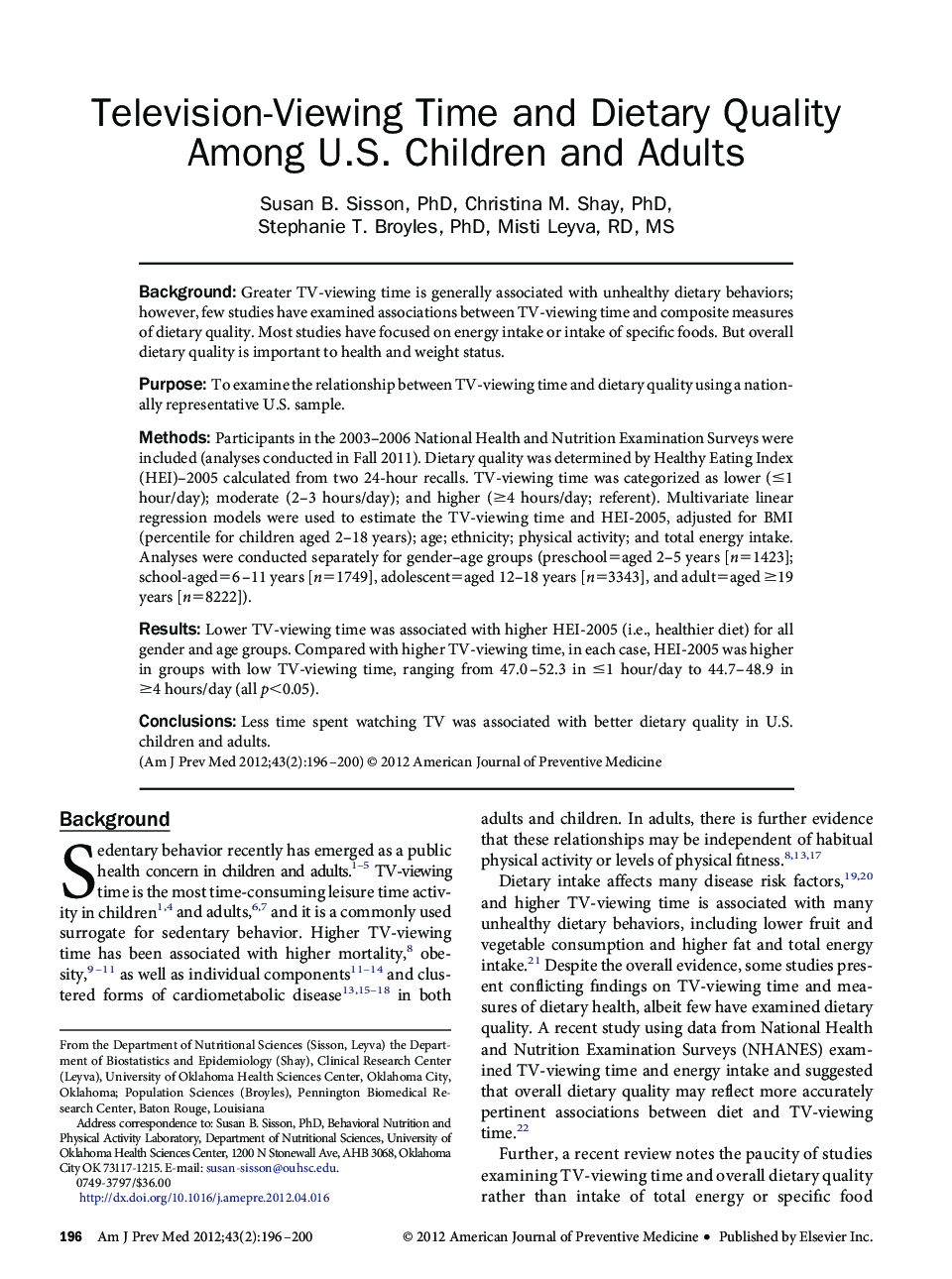 Television-Viewing Time and Dietary Quality Among U.S. Children and Adults