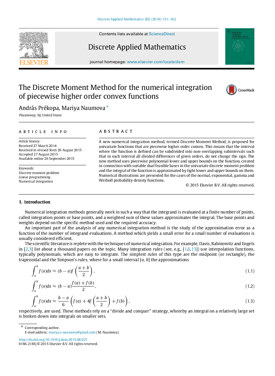 The Discrete Moment Method for the numerical integration of piecewise higher order convex functions