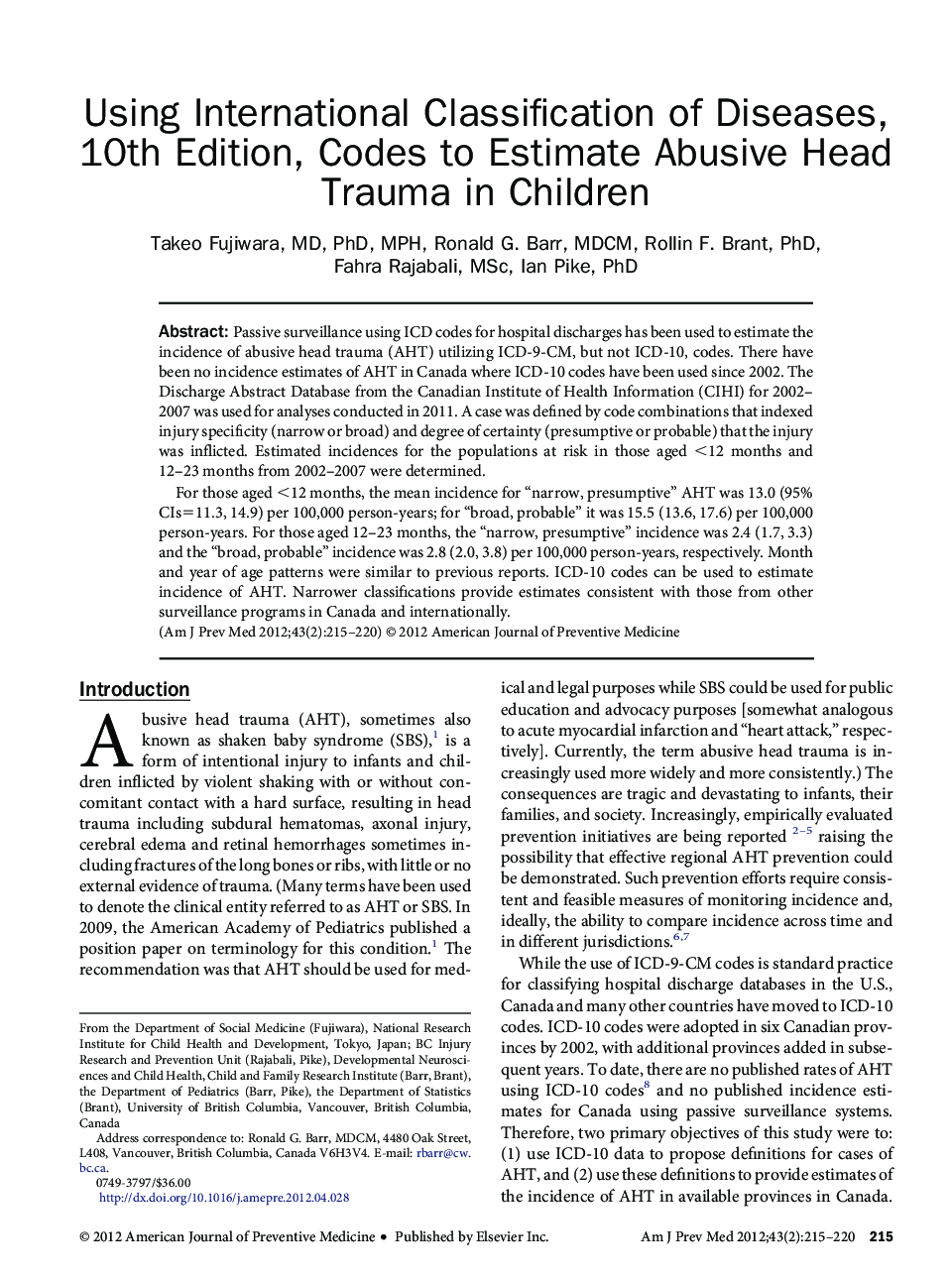 Using International Classification of Diseases, 10th Edition, Codes to Estimate Abusive Head Trauma in Children
