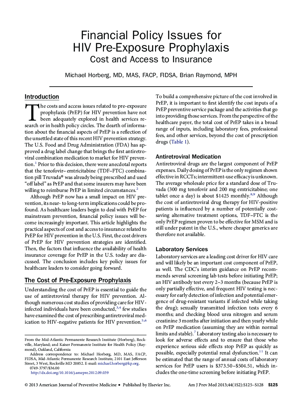 Financial Policy Issues for HIV Pre-Exposure Prophylaxis