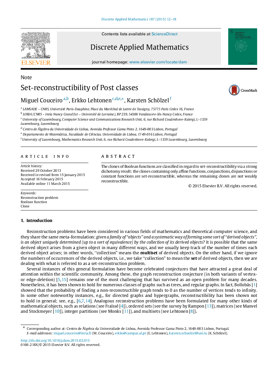 Set-reconstructibility of Post classes