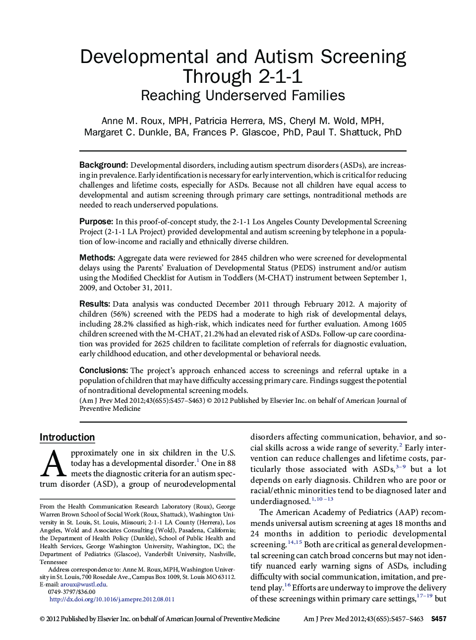 Developmental and Autism Screening Through 2-1-1: Reaching Underserved Families