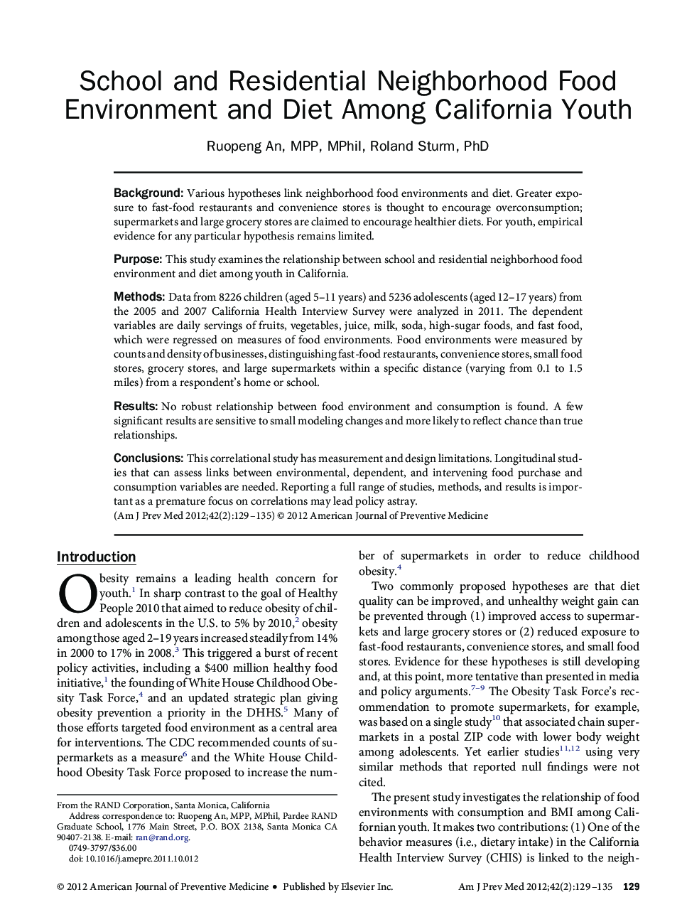 عکس صفحه اول مقاله: School and Residential Neighborhood Food Environment and Diet Among California Youth School and Residential Neighborhood Food Environment and Diet Among California Youth