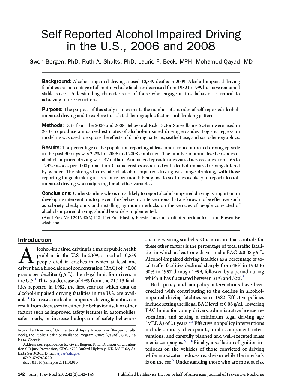 عکس صفحه اول مقاله: Self-Reported Alcohol-Impaired Driving in the U.S., 2006 and 2008 Self-Reported Alcohol-Impaired Driving in the U.S., 2006 and 2008