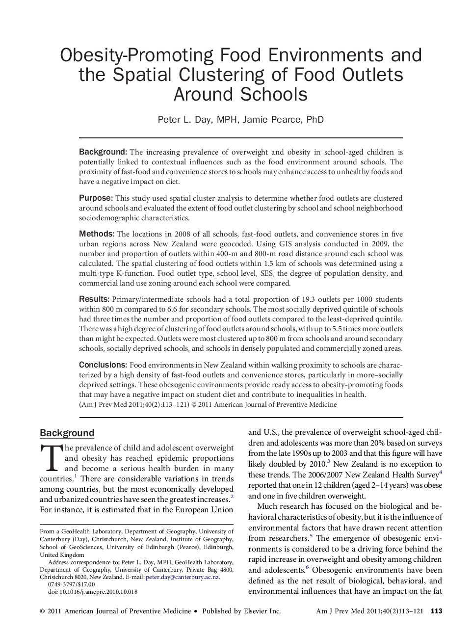 عکس صفحه اول مقاله: Obesity-Promoting Food Environments and the Spatial Clustering of Food Outlets Around Schools Obesity-Promoting Food Environments and the Spatial Clustering of Food Outlets Around Schools
