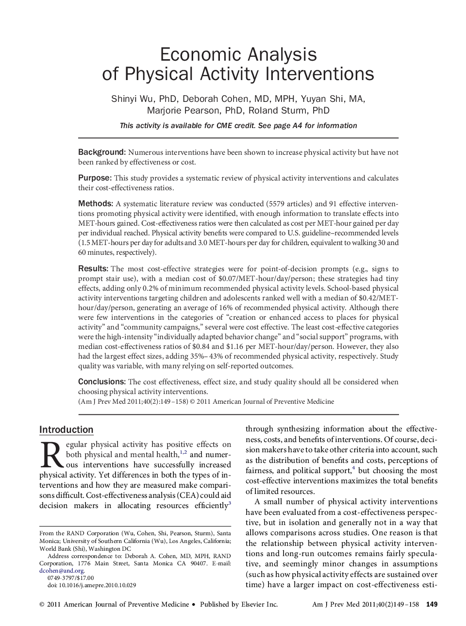 عکس صفحه اول مقاله: Economic Analysis of Physical Activity Interventions Economic Analysis of Physical Activity Interventions