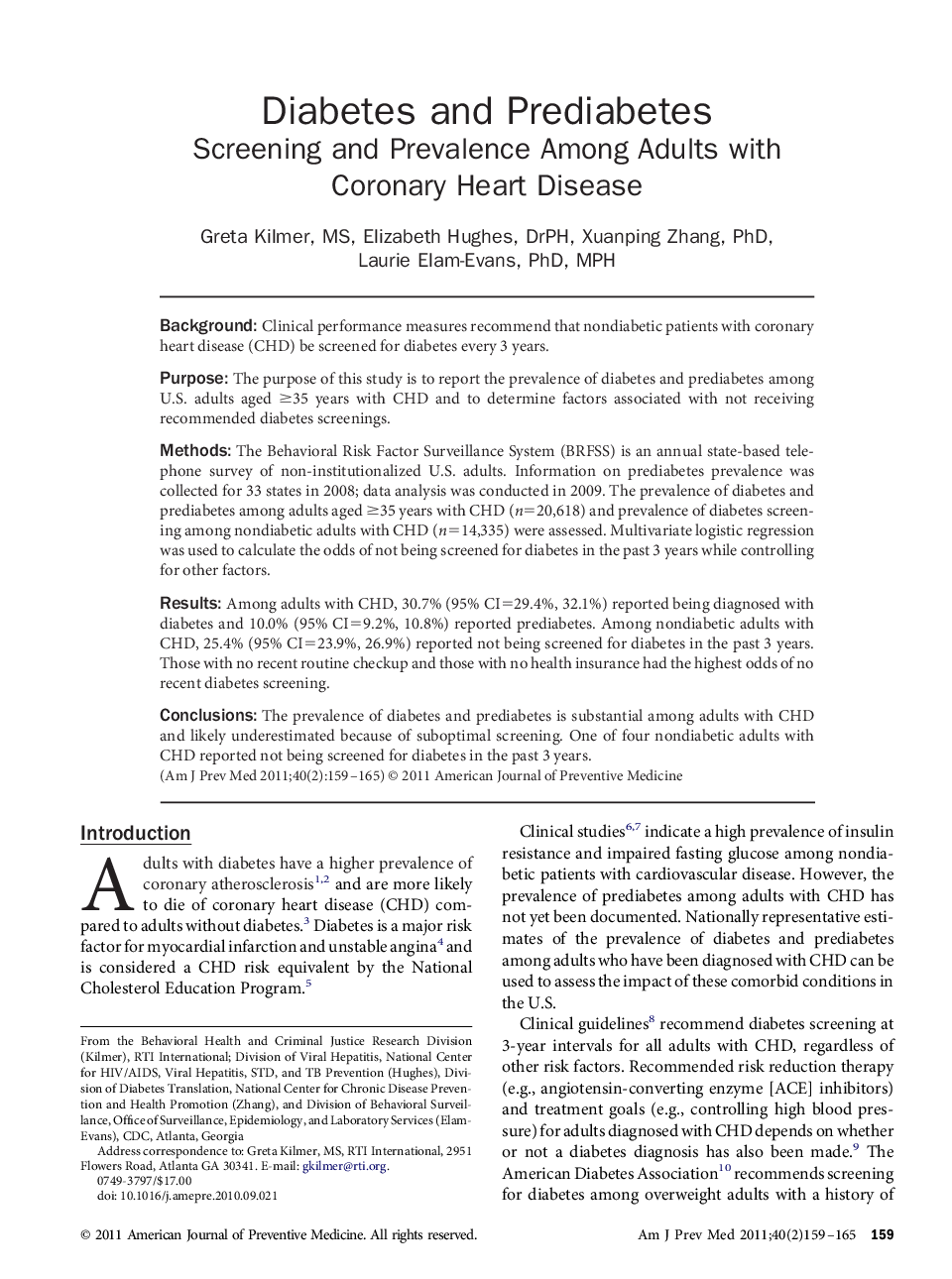 Diabetes and Prediabetes: Screening and Prevalence Among Adults with Coronary Heart Disease