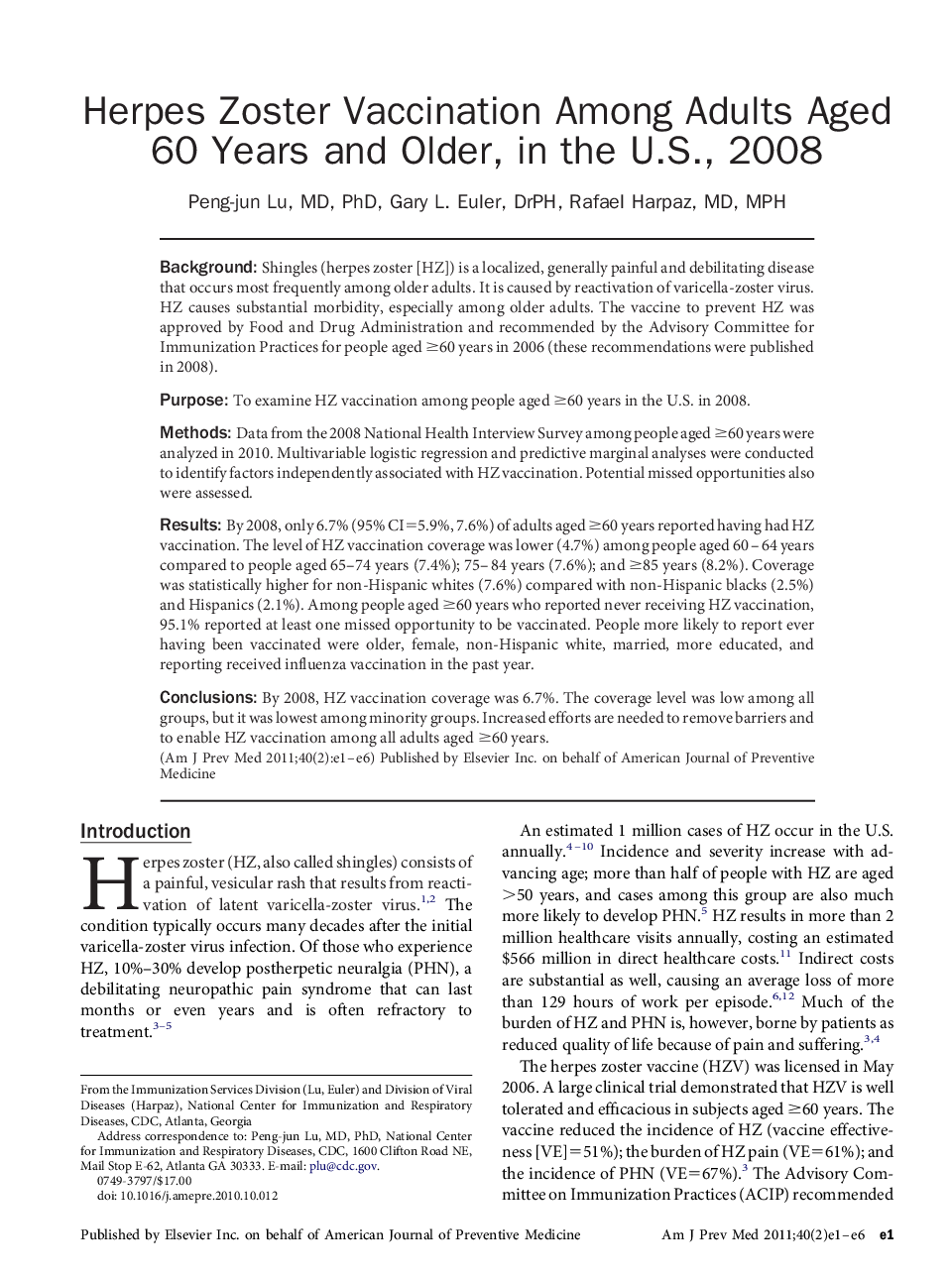 عکس صفحه اول مقاله: Herpes Zoster Vaccination Among Adults Aged 60 Years and Older, in the U.S., 2008 Herpes Zoster Vaccination Among Adults Aged 60 Years and Older, in the U.S., 2008
