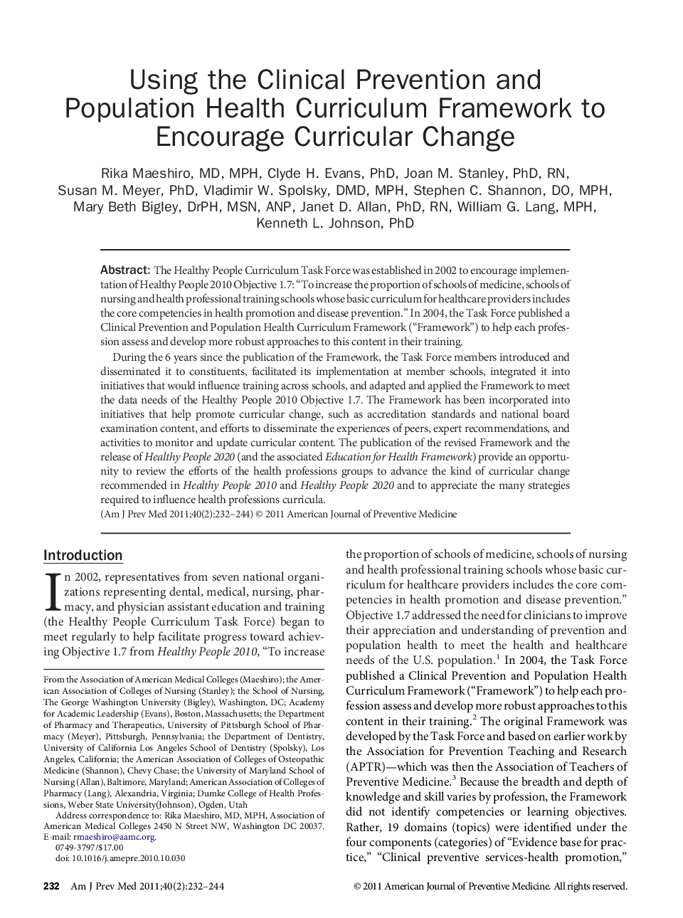 عکس صفحه اول مقاله: Using the Clinical Prevention and Population Health Curriculum Framework to Encourage Curricular Change Using the Clinical Prevention and Population Health Curriculum Framework to Encourage Curricular Change