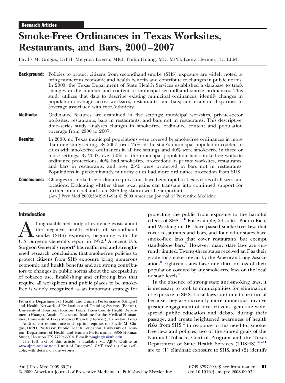 Smoke-Free Ordinances in Texas Worksites, Restaurants, and Bars, 2000–2007 