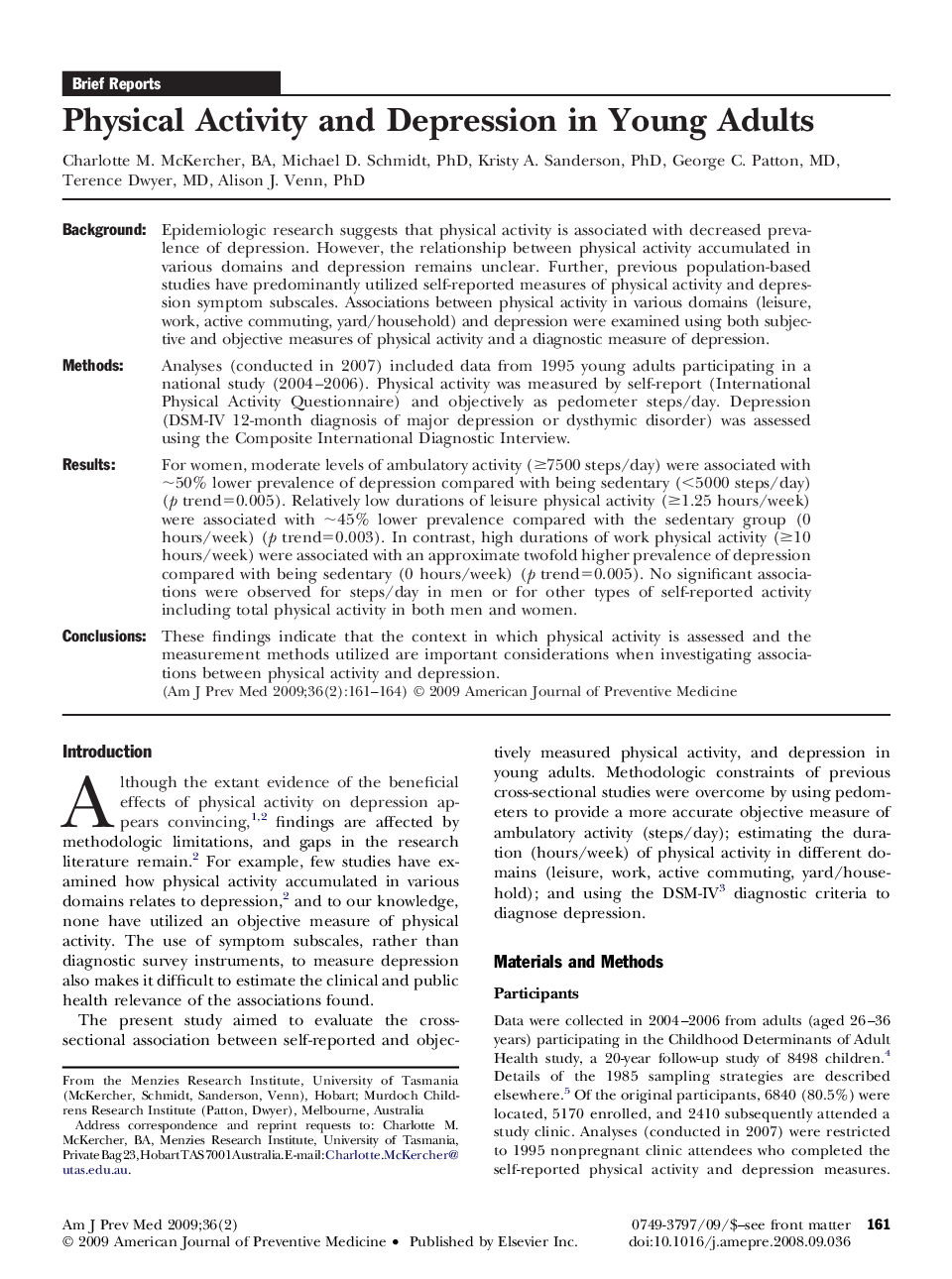 Physical Activity and Depression in Young Adults