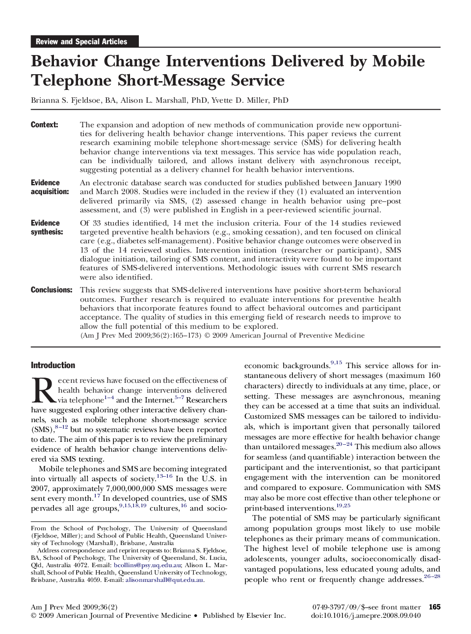Behavior Change Interventions Delivered by Mobile Telephone Short-Message Service