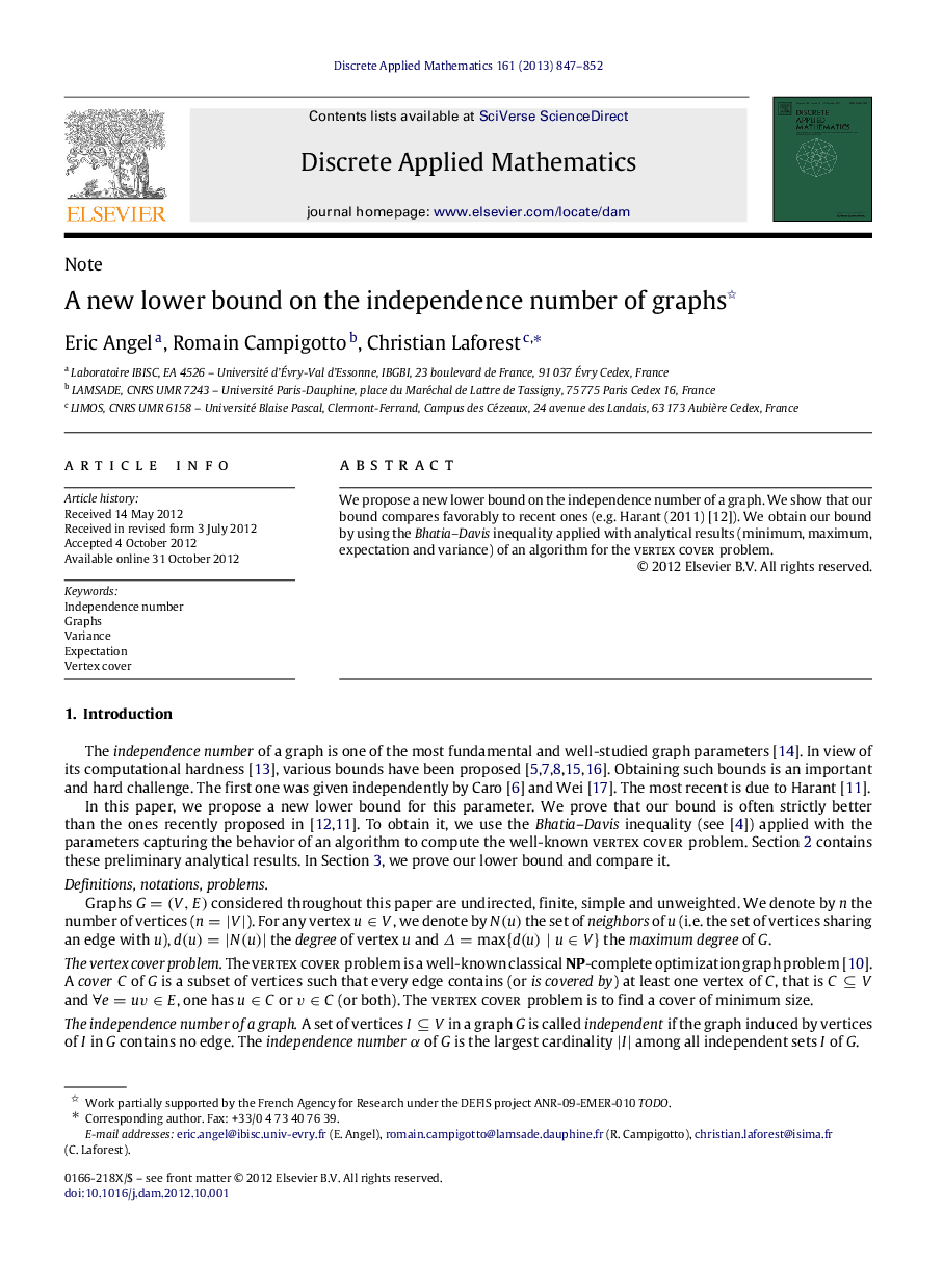 A new lower bound on the independence number of graphs 