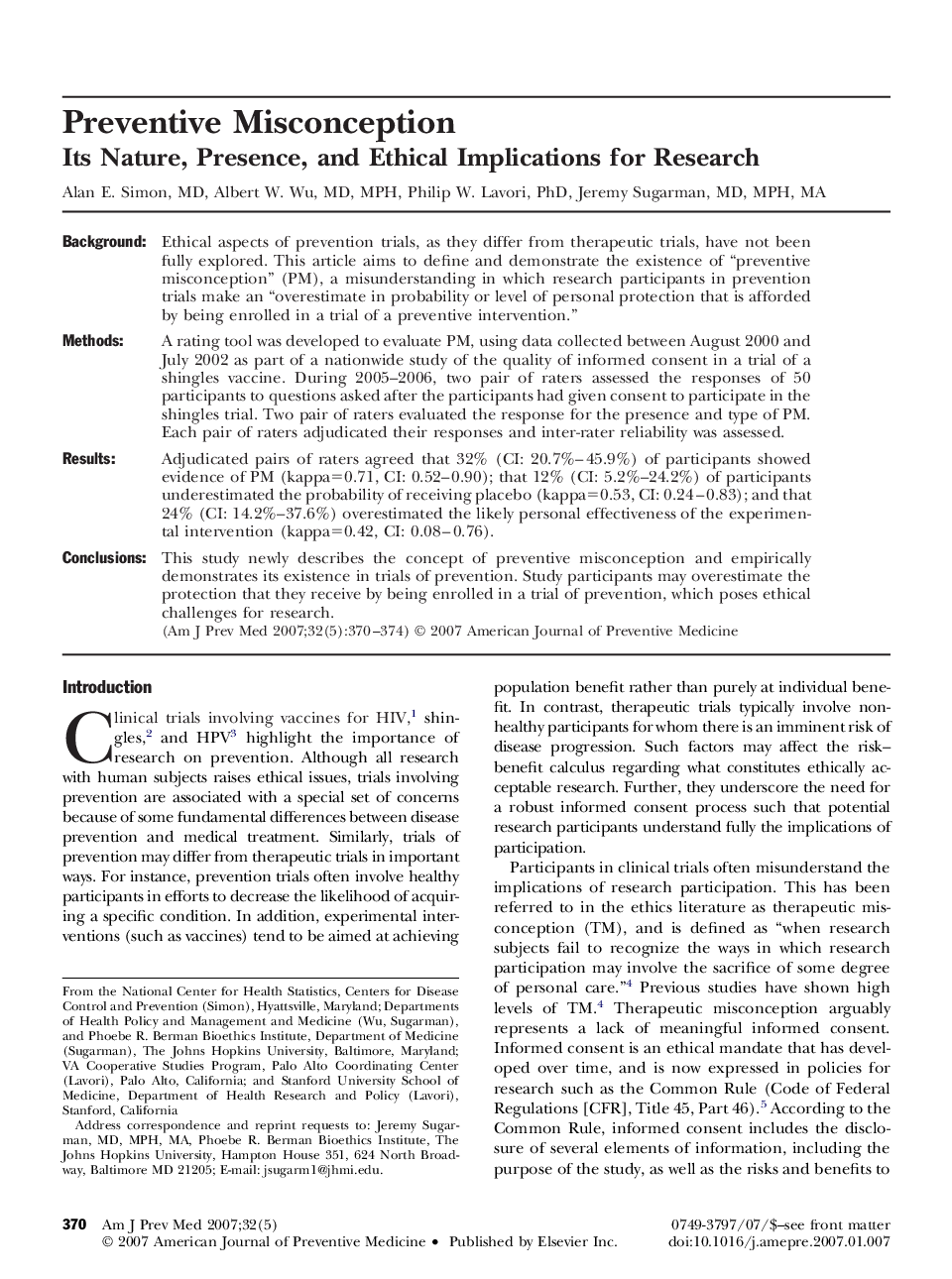 Preventive Misconception: Its Nature, Presence, and Ethical Implications for Research