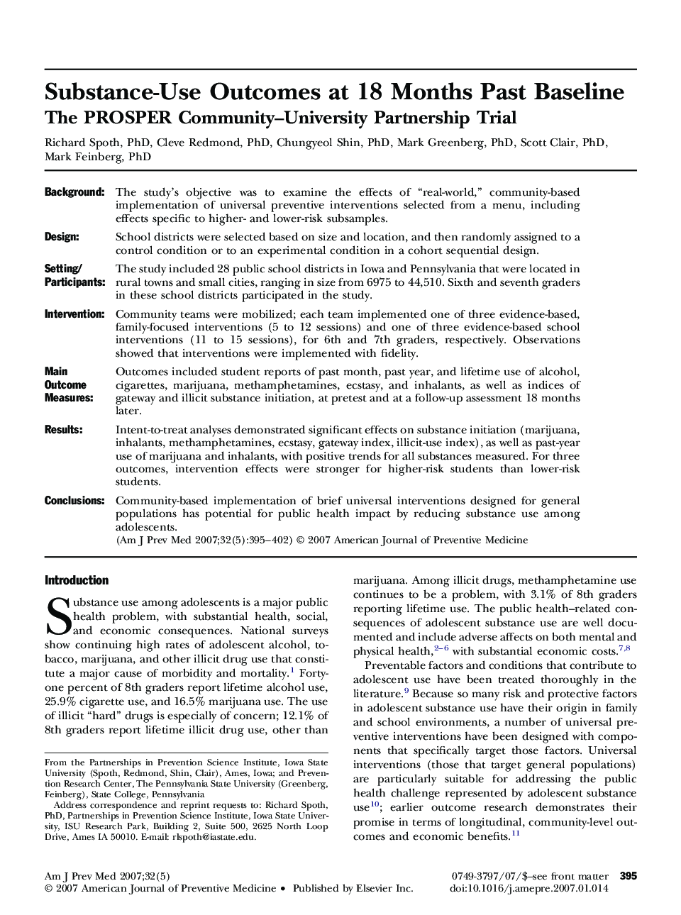 Substance-Use Outcomes at 18 Months Past Baseline: The PROSPER Community–University Partnership Trial