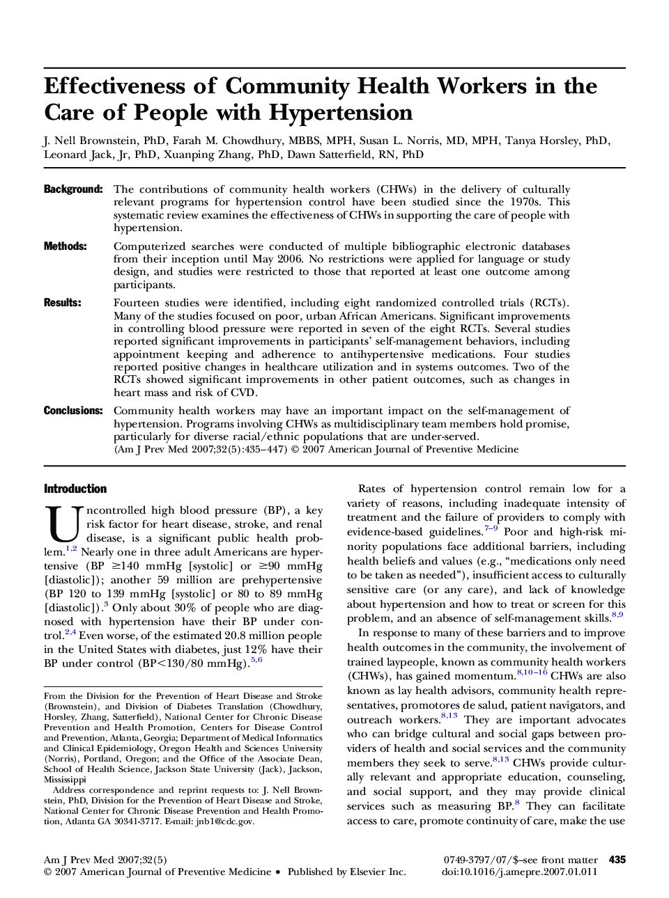 Effectiveness of Community Health Workers in the Care of People with Hypertension 