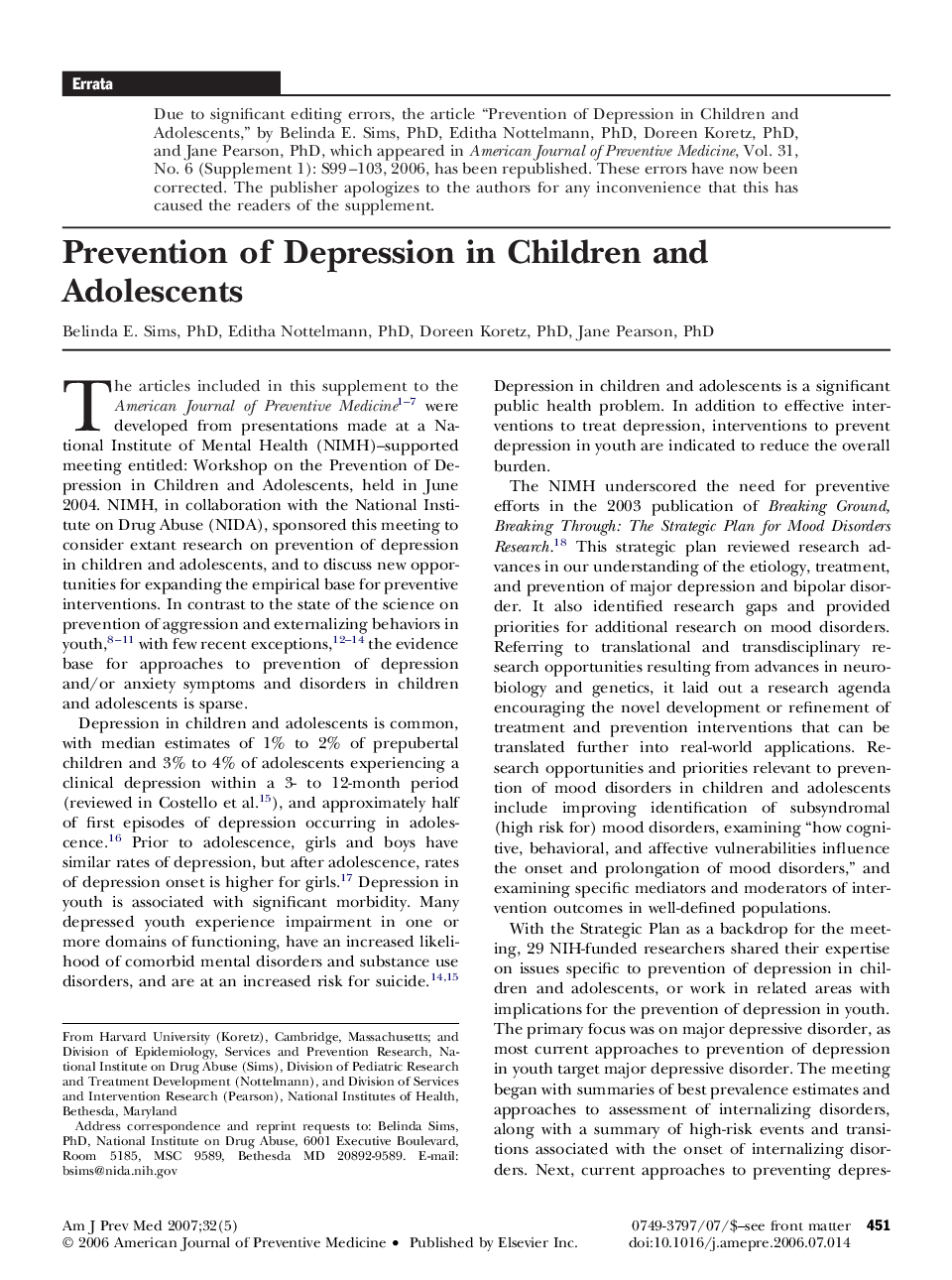 Prevention of Depression in Children and Adolescents