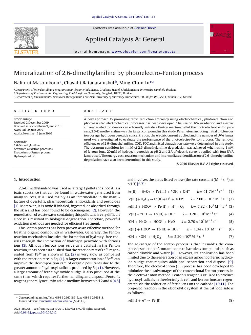 Mineralization of 2,6-dimethylaniline by photoelectro-Fenton process