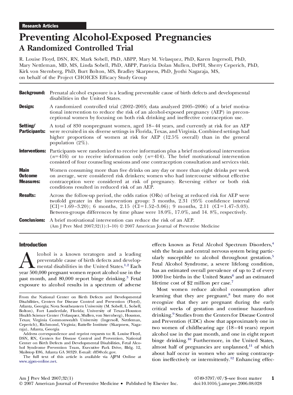عکس صفحه اول مقاله: Preventing Alcohol-Exposed Pregnancies : A Randomized Controlled Trial Preventing Alcohol-Exposed Pregnancies : A Randomized Controlled Trial