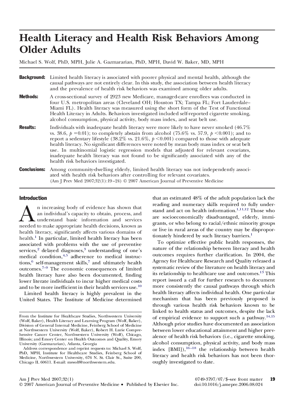 Health Literacy and Health Risk Behaviors Among Older Adults