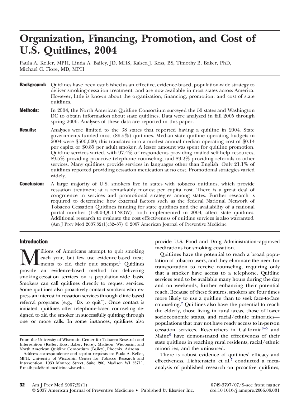 عکس صفحه اول مقاله: Organization, Financing, Promotion, and Cost of U.S. Quitlines, 2004 Organization, Financing, Promotion, and Cost of U.S. Quitlines, 2004