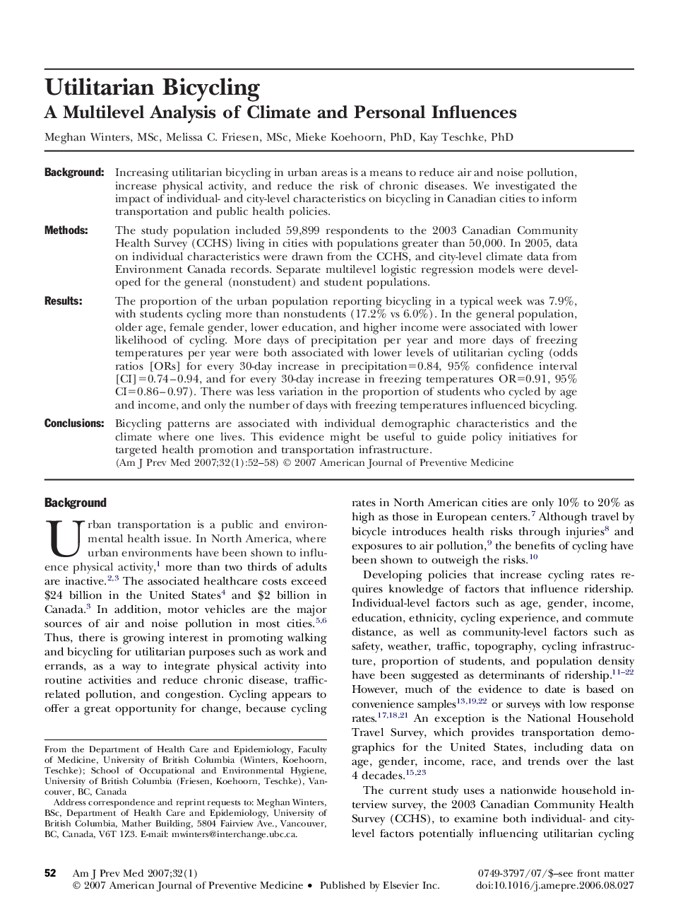 Utilitarian Bicycling: A Multilevel Analysis of Climate and Personal Influences