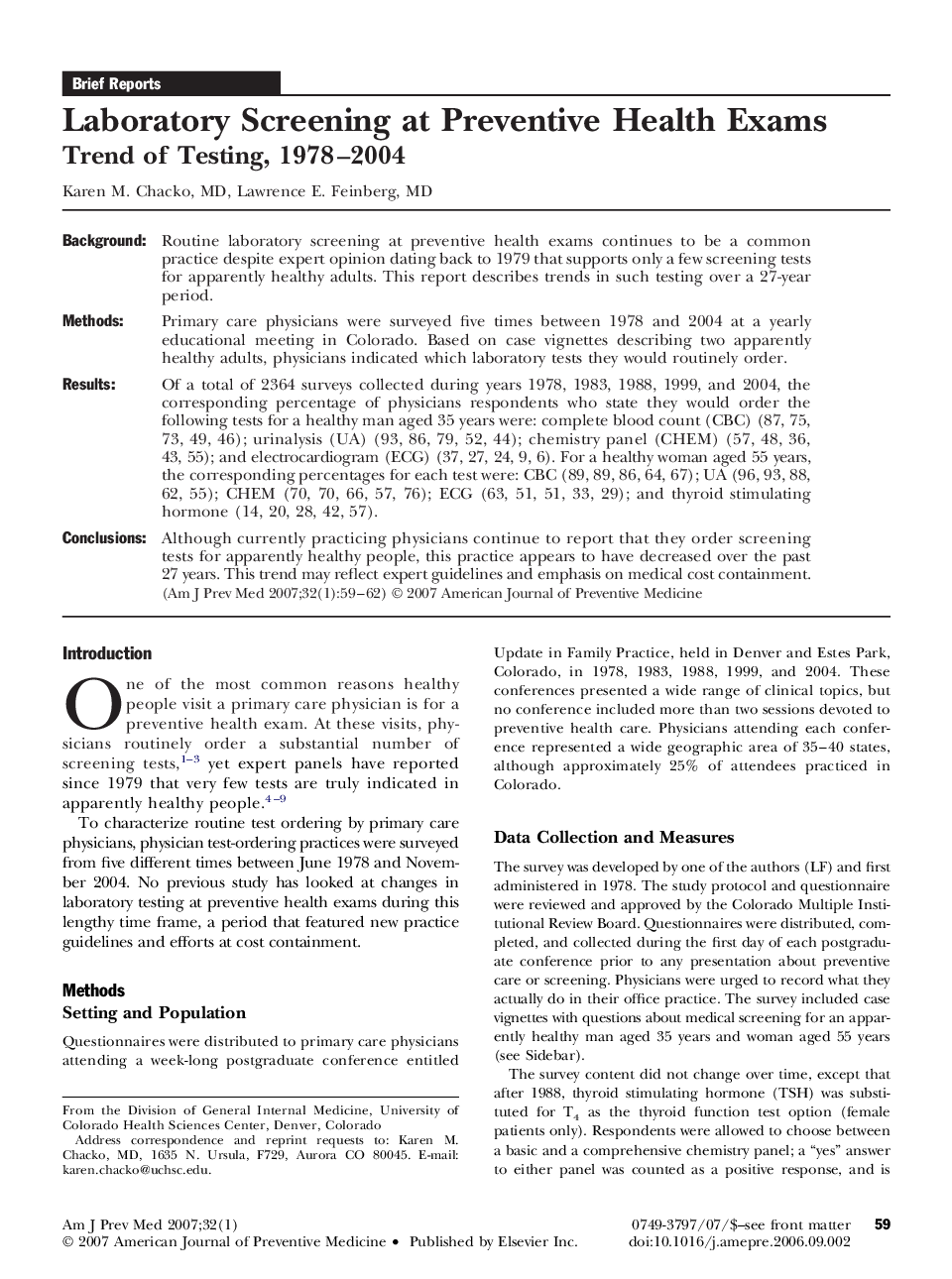 Laboratory Screening at Preventive Health Exams: Trend of Testing, 1978–2004