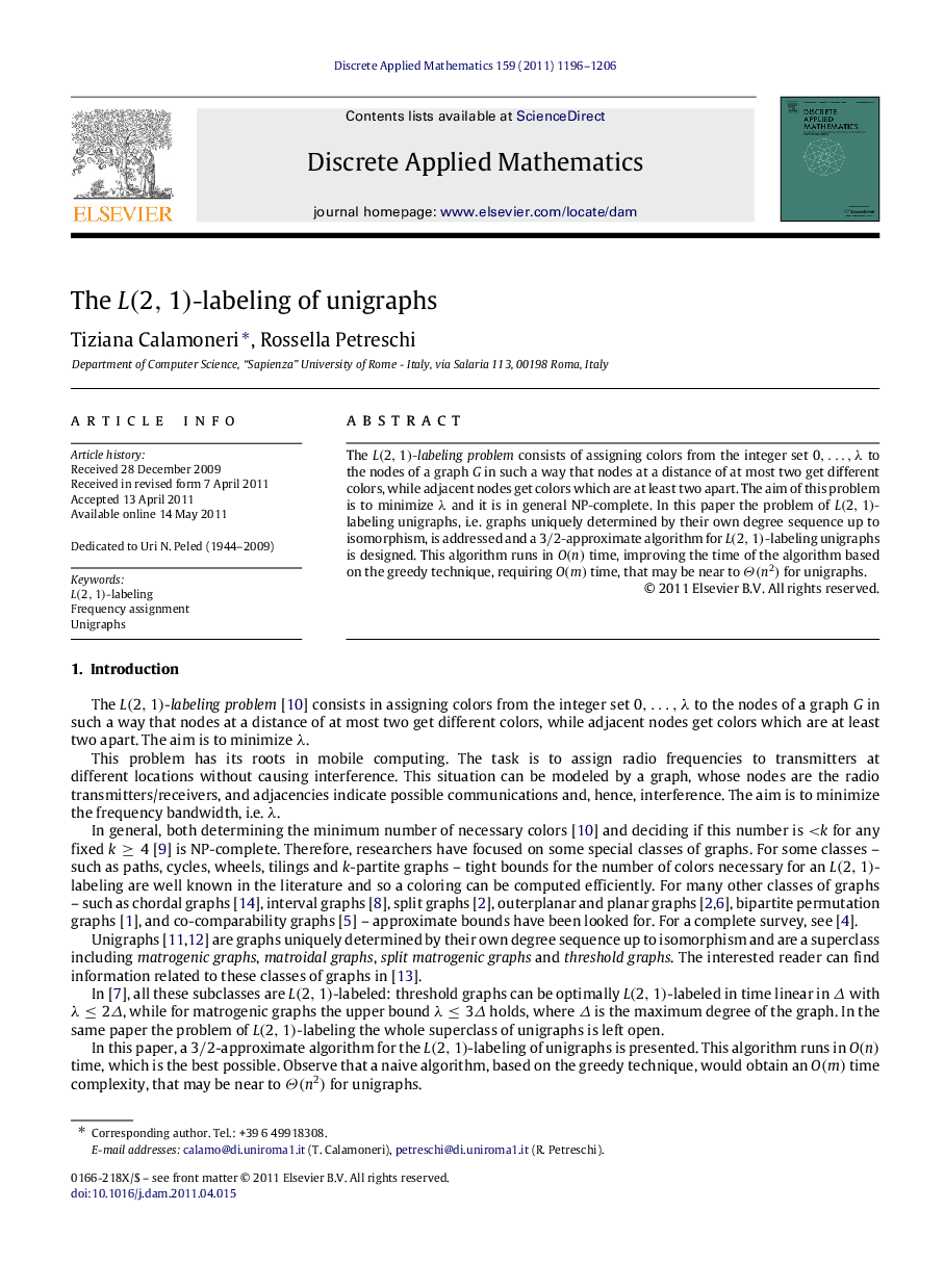 The L(2,1)L(2,1)-labeling of unigraphs