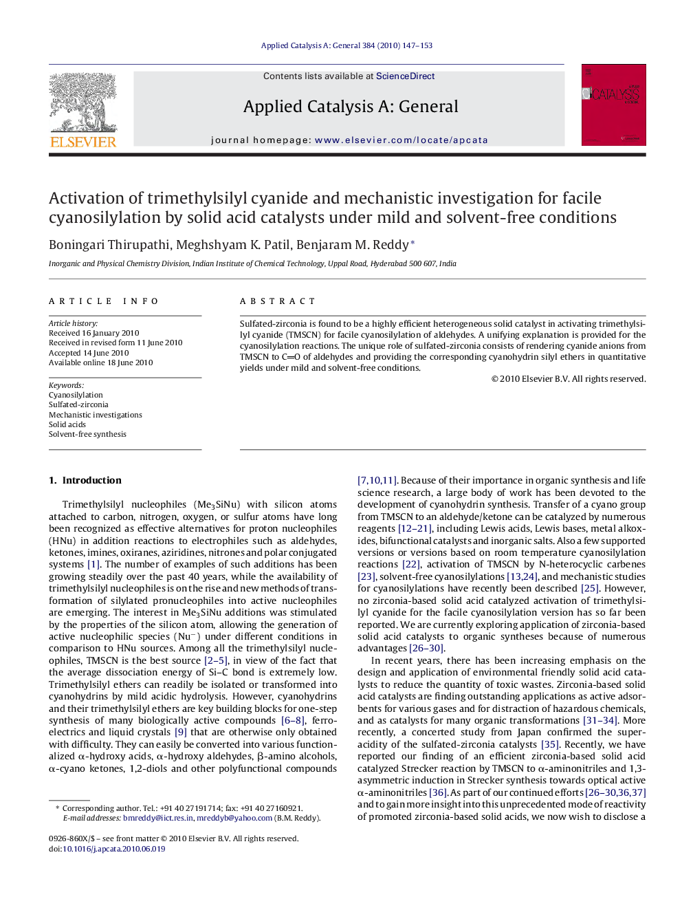 Activation of trimethylsilyl cyanide and mechanistic investigation for facile cyanosilylation by solid acid catalysts under mild and solvent-free conditions