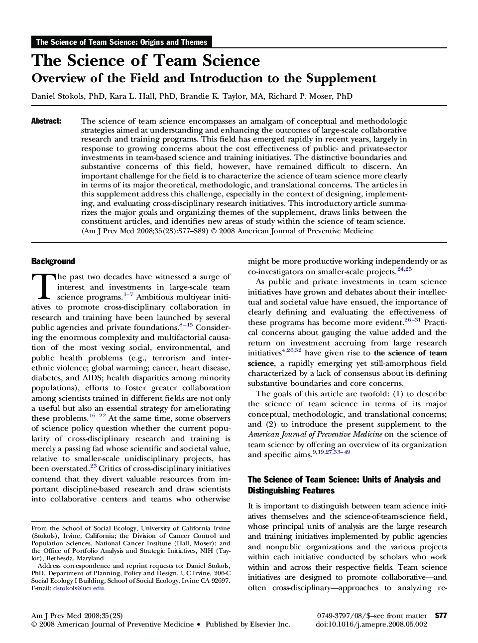 The Science of Team Science: Overview of the Field and Introduction to the Supplement