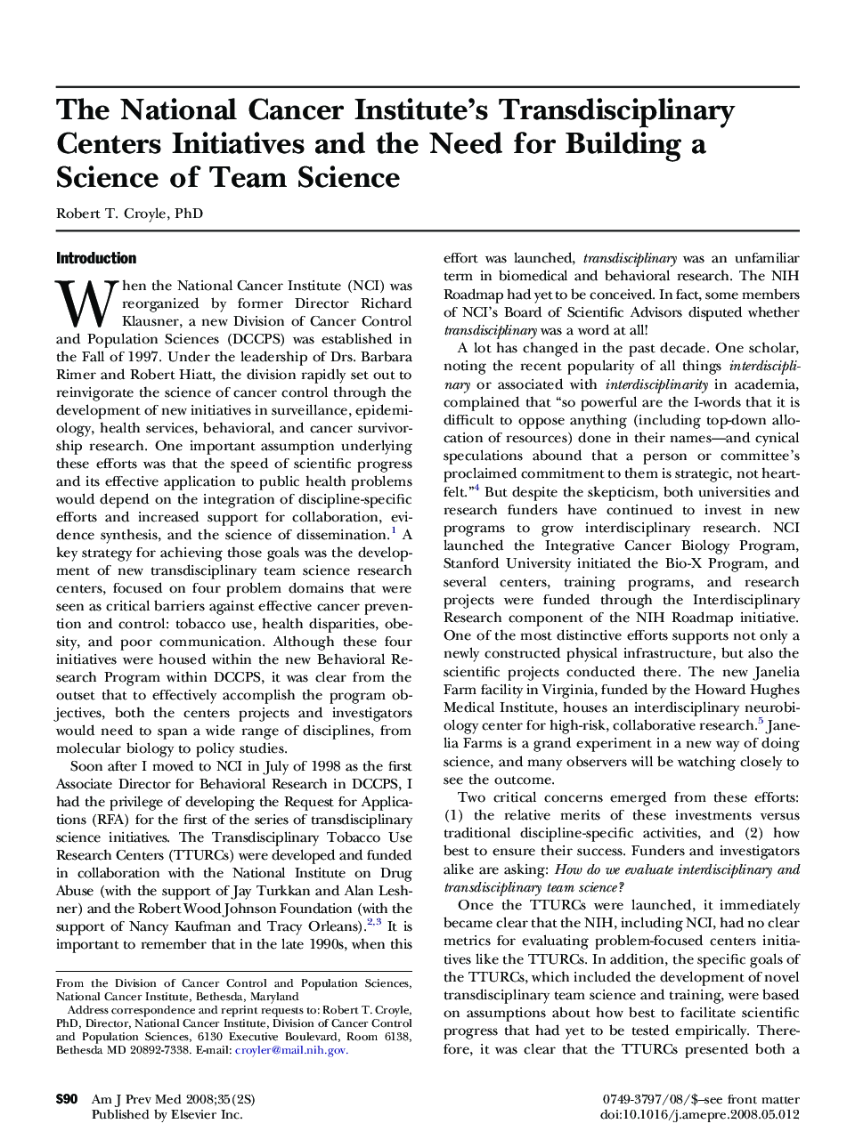 The National Cancer Institute's Transdisciplinary Centers Initiatives and the Need for Building a Science of Team Science