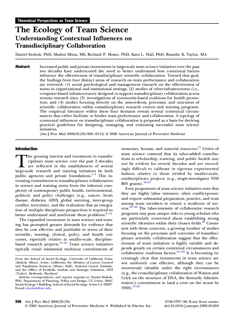 The Ecology of Team Science: Understanding Contextual Influences on Transdisciplinary Collaboration