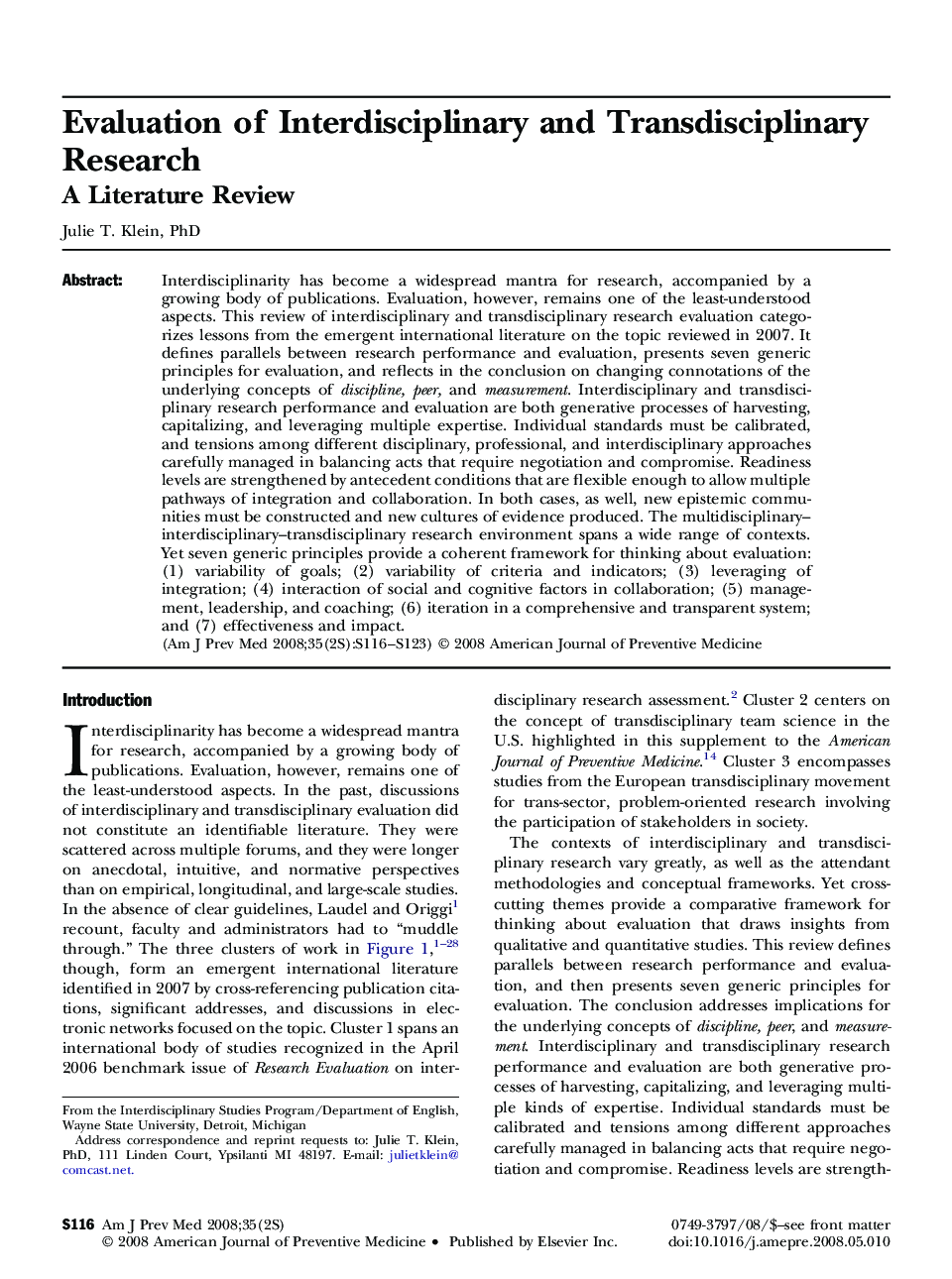 Evaluation of Interdisciplinary and Transdisciplinary Research: A Literature Review
