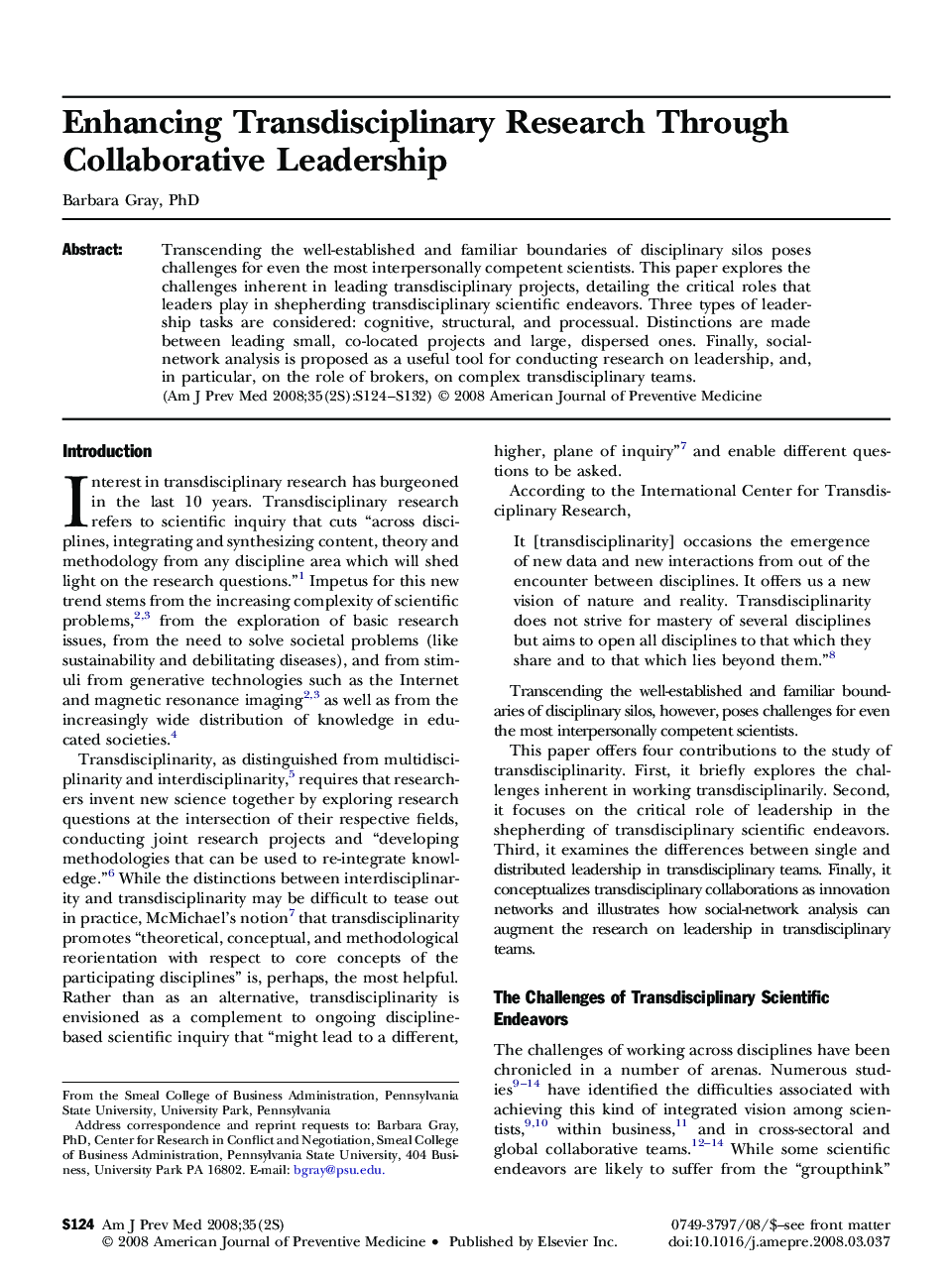 Enhancing Transdisciplinary Research Through Collaborative Leadership