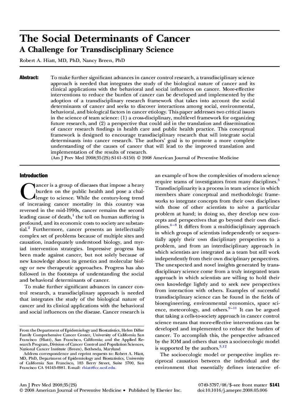 The Social Determinants of Cancer: A Challenge for Transdisciplinary Science