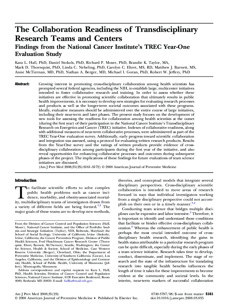 The Collaboration Readiness of Transdisciplinary Research Teams and Centers: Findings from the National Cancer Institute's TREC Year-One Evaluation Study