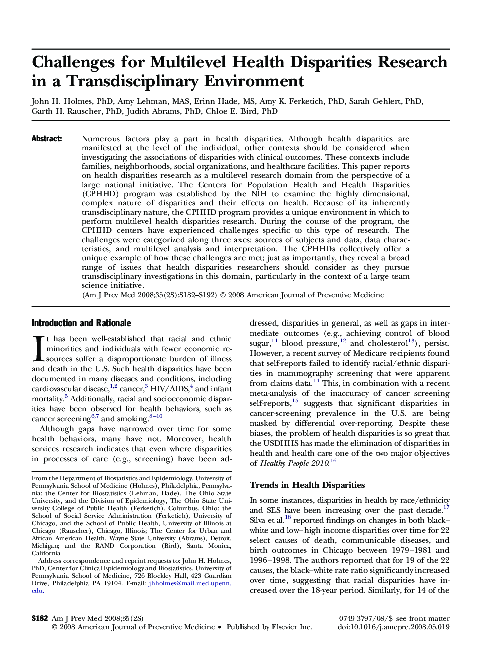 عکس صفحه اول مقاله: Challenges for Multilevel Health Disparities Research in a Transdisciplinary Environment Challenges for Multilevel Health Disparities Research in a Transdisciplinary Environment