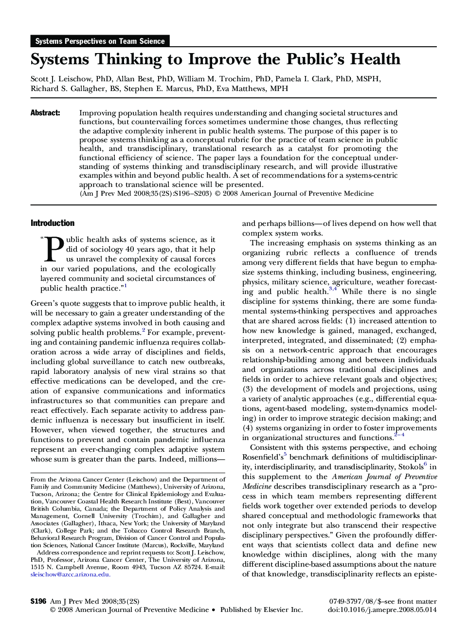 عکس صفحه اول مقاله: Systems Thinking to Improve the Public's Health Systems Thinking to Improve the Public's Health