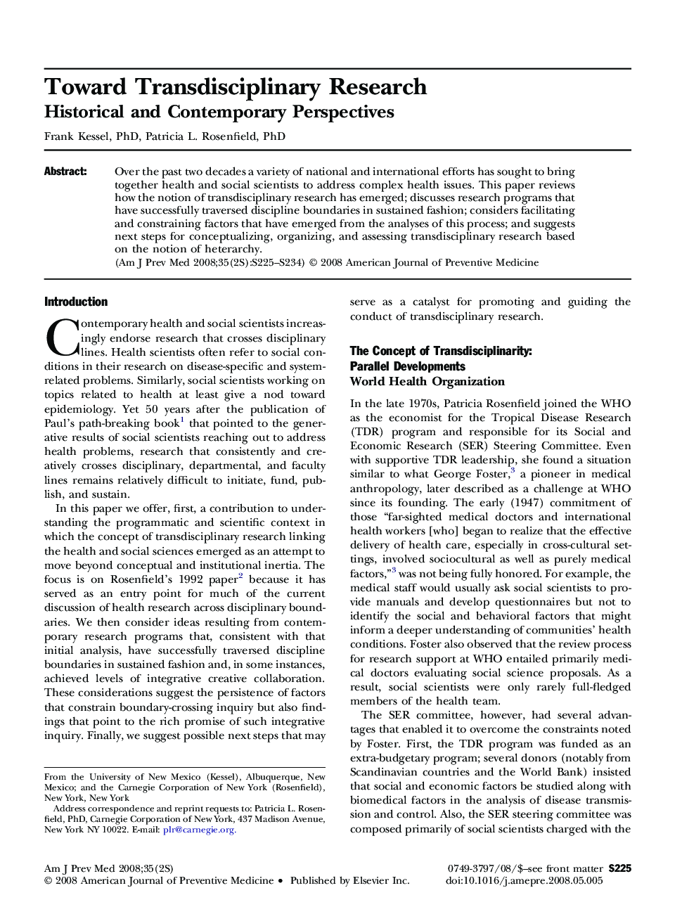 Toward Transdisciplinary Research: Historical and Contemporary Perspectives