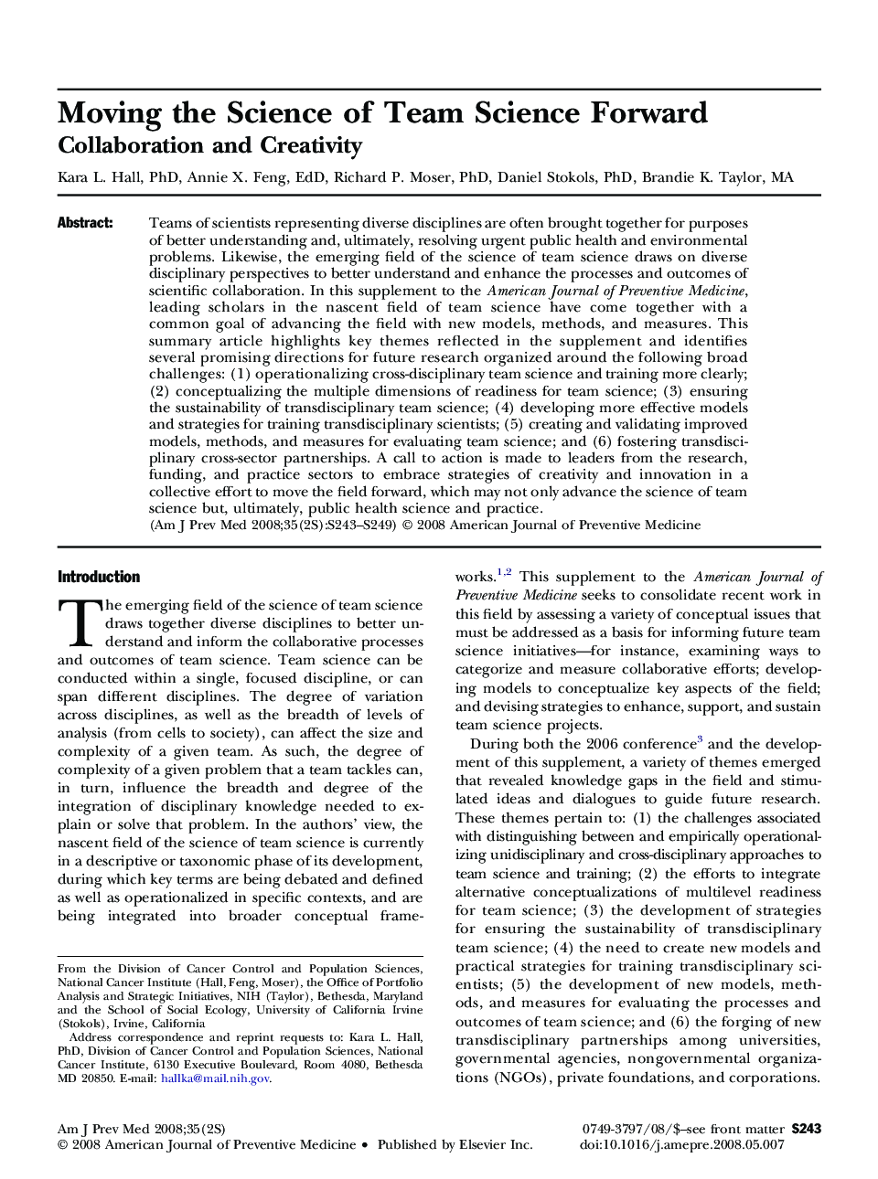 Moving the Science of Team Science Forward: Collaboration and Creativity