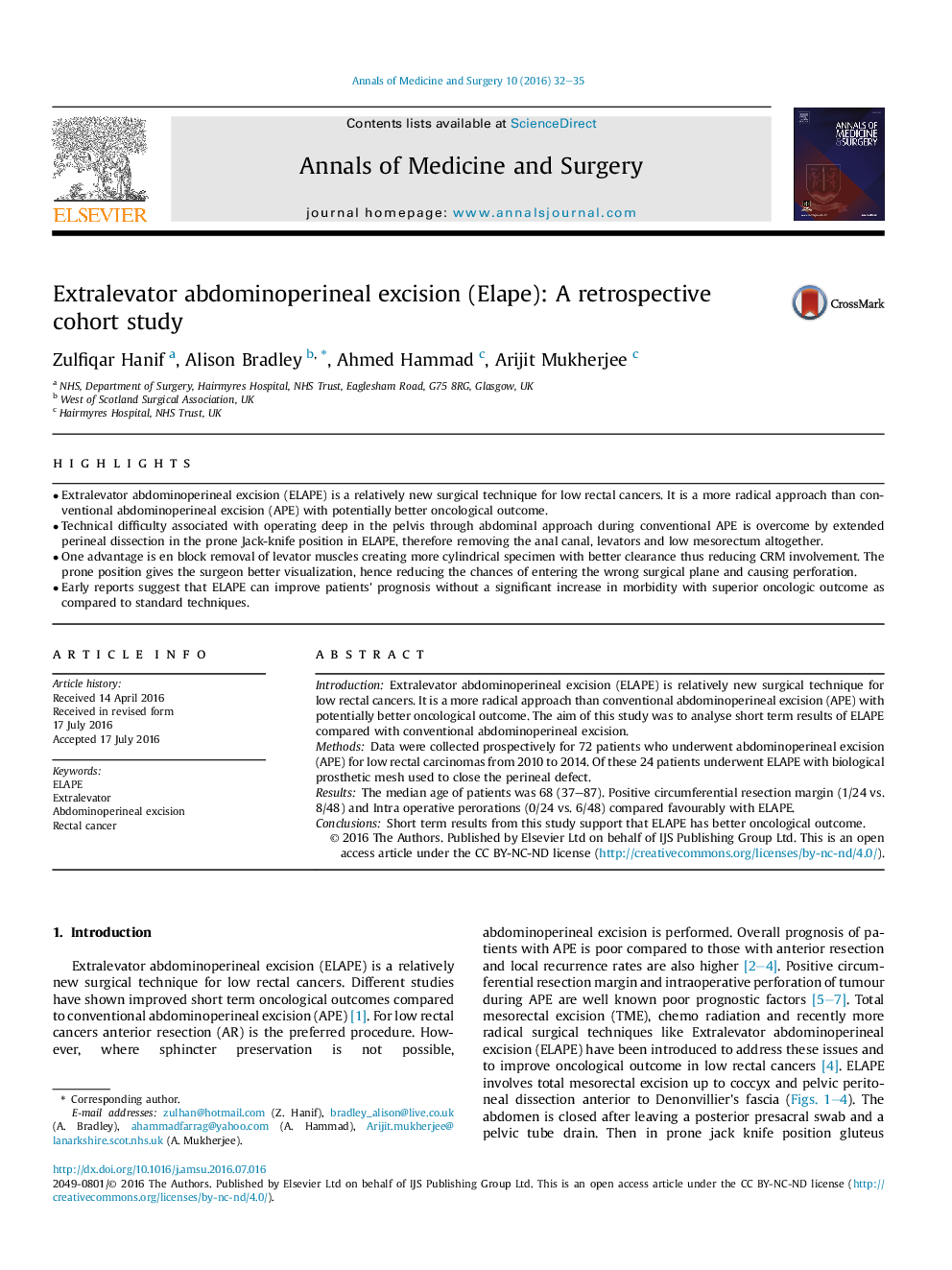 Extralevator abdominoperineal excision (Elape): A retrospective cohort study