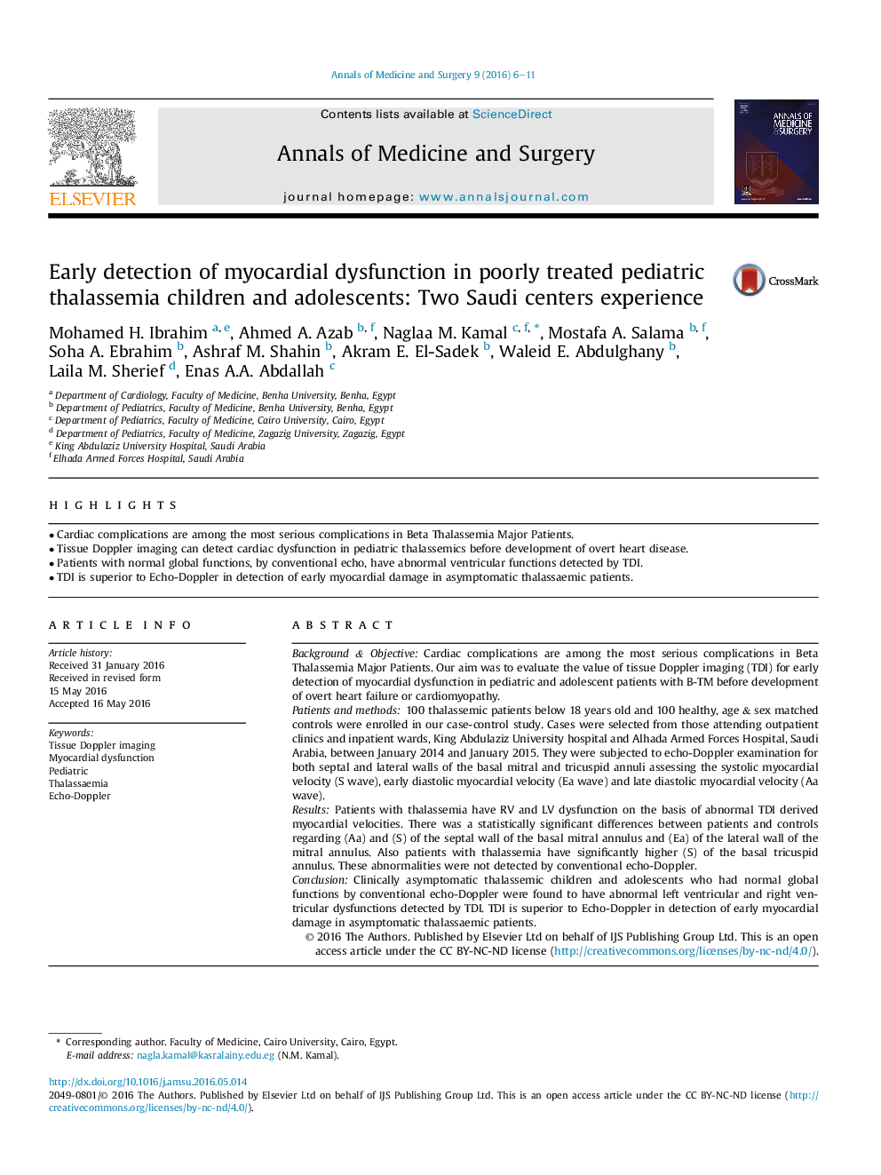 Early detection of myocardial dysfunction in poorly treated pediatric thalassemia children and adolescents: Two Saudi centers experience