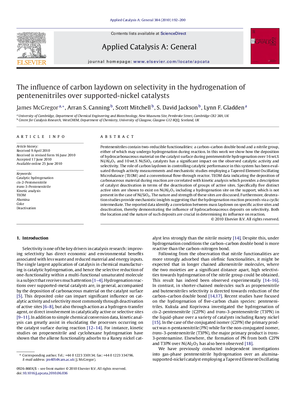 The influence of carbon laydown on selectivity in the hydrogenation of pentenenitriles over supported-nickel catalysts