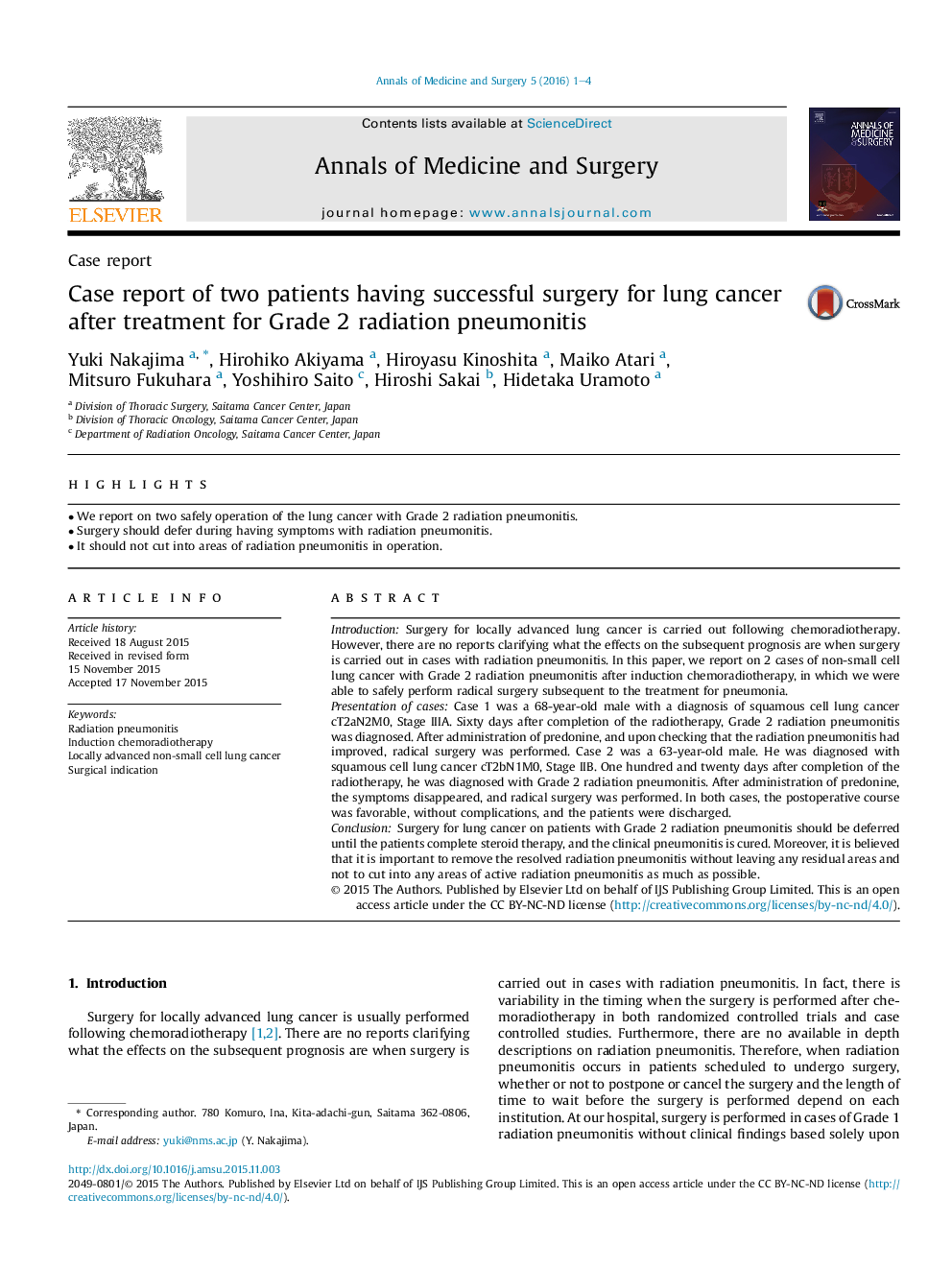 Case report of two patients having successful surgery for lung cancer after treatment for Grade 2 radiation pneumonitis