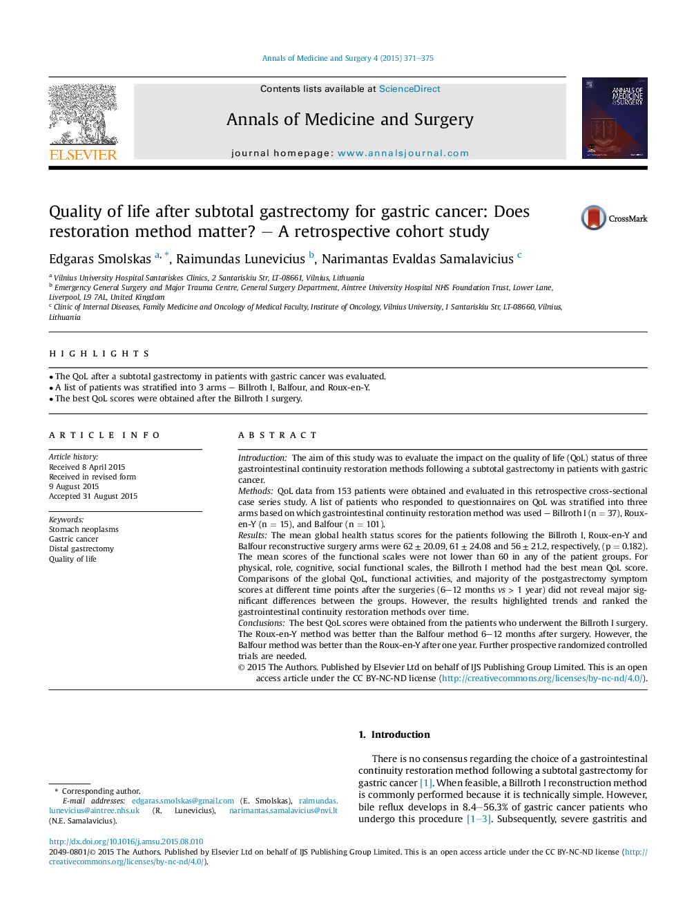 Quality of life after subtotal gastrectomy for gastric cancer: Does restoration method matter? – A retrospective cohort study