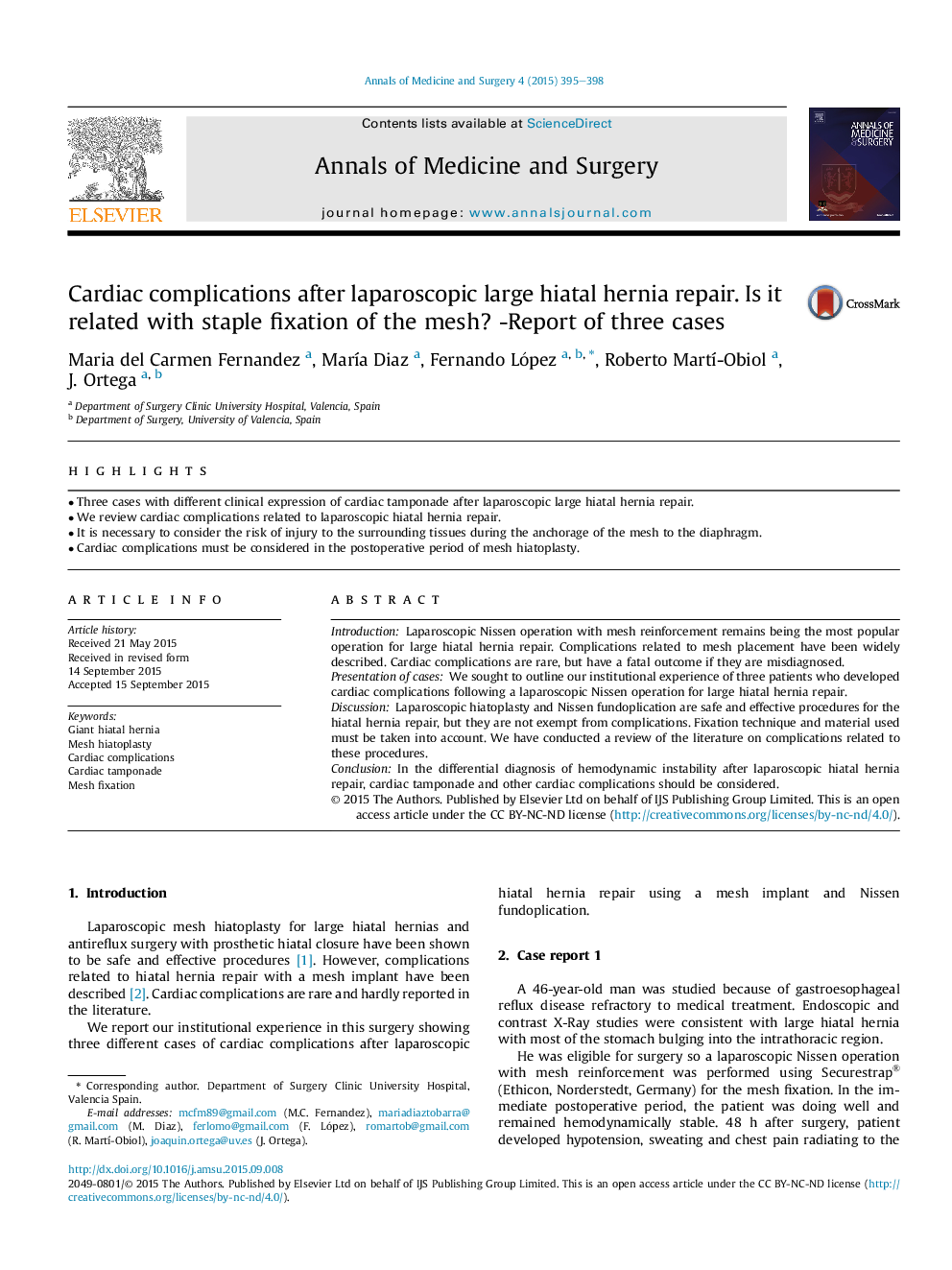 Cardiac complications after laparoscopic large hiatal hernia repair. Is it related with staple fixation of the mesh? -Report of three cases