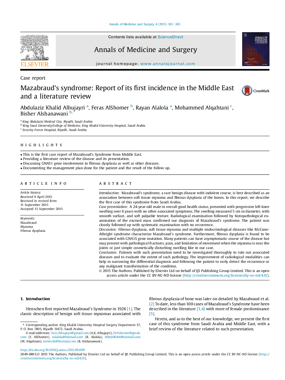 Mazabraud's syndrome: Report of its first incidence in the Middle East and a literature review