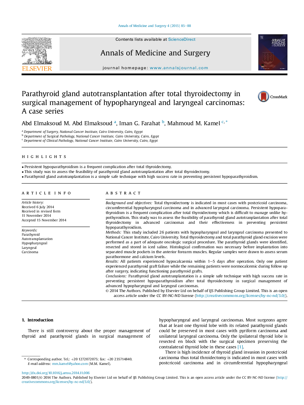 Parathyroid gland autotransplantation after total thyroidectomy in surgical management of hypopharyngeal and laryngeal carcinomas: A case series